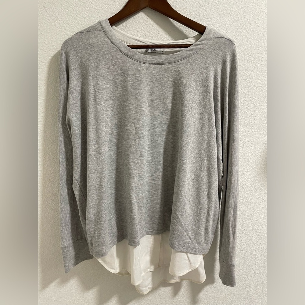 Vince Light Gray Long Sleeve Top with White Layered Hem -as is